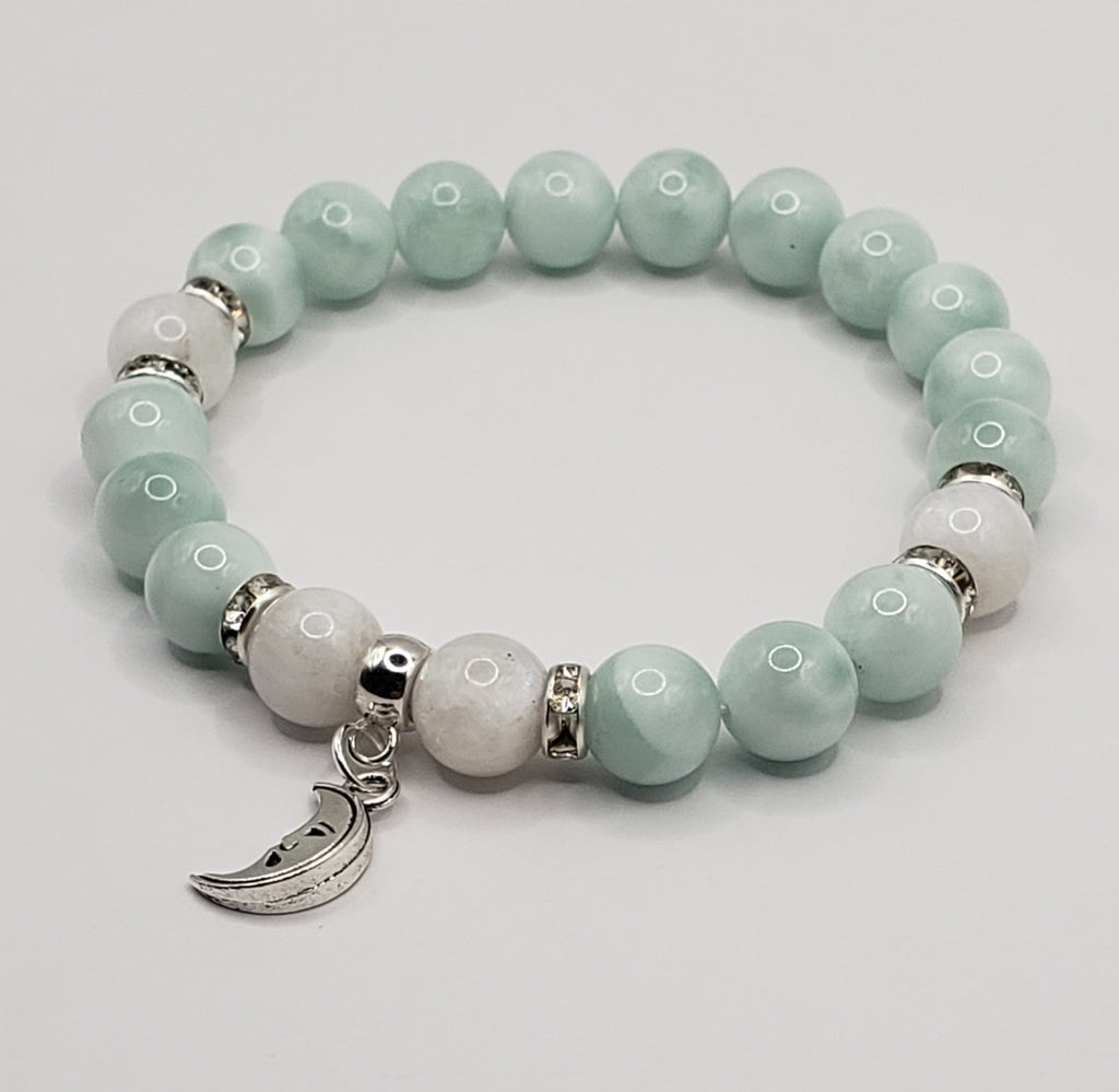 Green Moonstone & Mother of Pearl Moon Skinny Stacker Gemstone Bracelet, Prosperity and Attraction Bracelet(6mm Beads) Large - 7.5