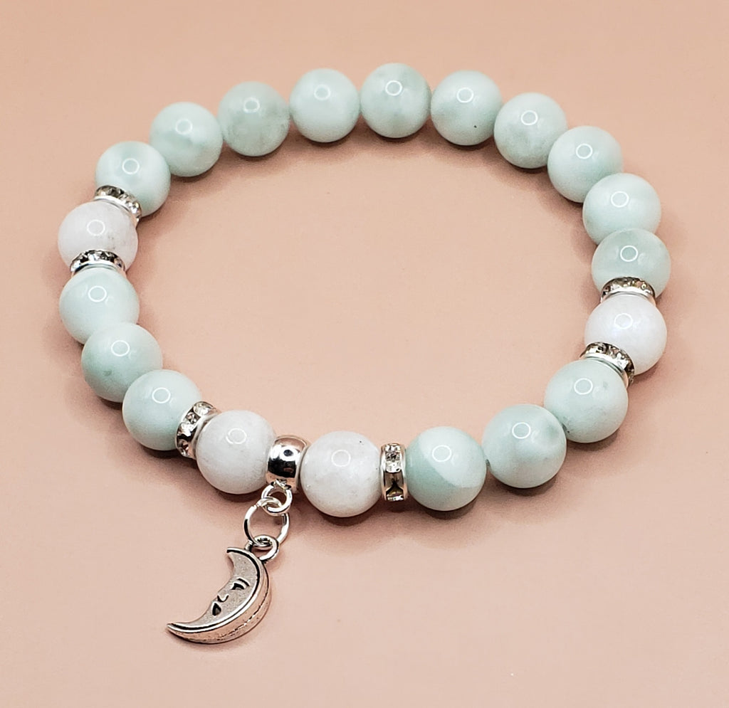 Green Moonstone & Mother of Pearl Moon Skinny Stacker Gemstone Bracelet,  Prosperity and Attraction Bracelet(6mm beads)